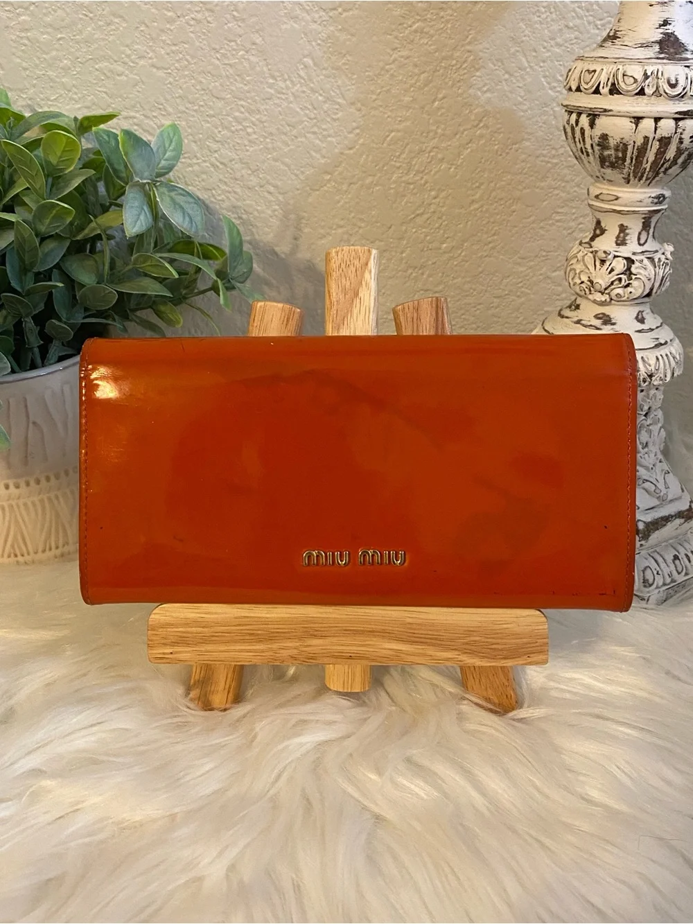 Miu Miu Patent Leather Bow Accent Long Wallet — Orange